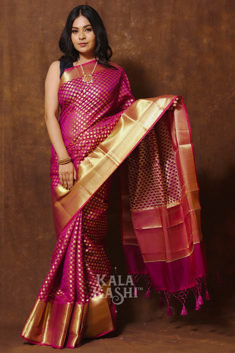 Dark Pink Hand Woven Banarasi Cotton Silk Saree