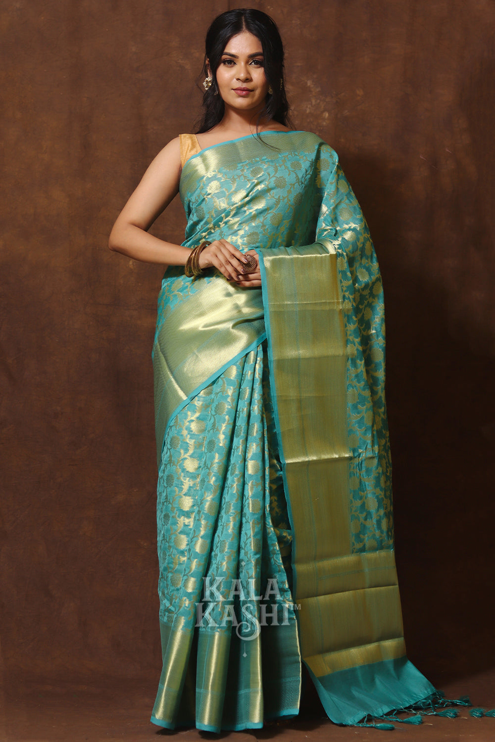 Teal Blue Hand Woven Banarasi Cotton Silk Saree