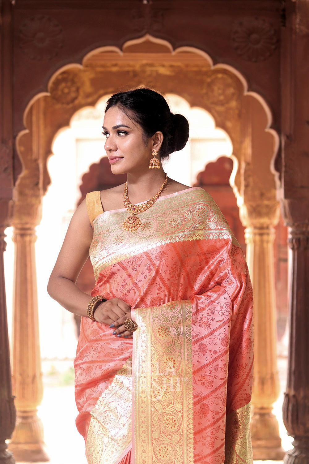 Light Red Hand Woven Katan Silk Saree