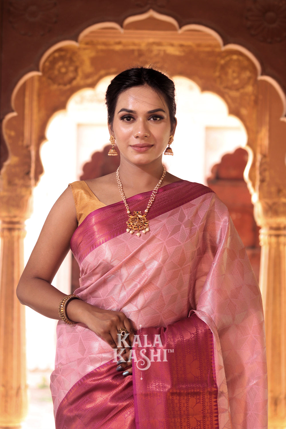 Corn Pink Hand Woven Kanjivaram Silk Saree