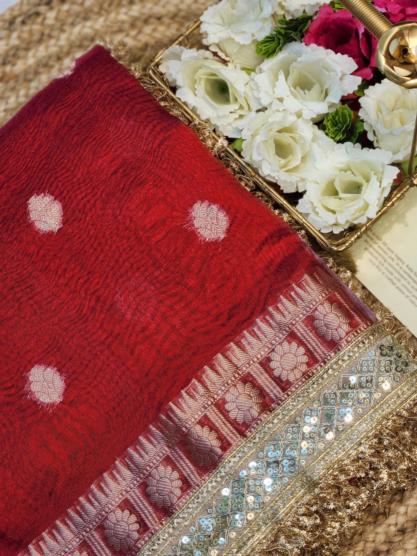 Maharani Collection Reddish pink Crushed Tissue silk saree