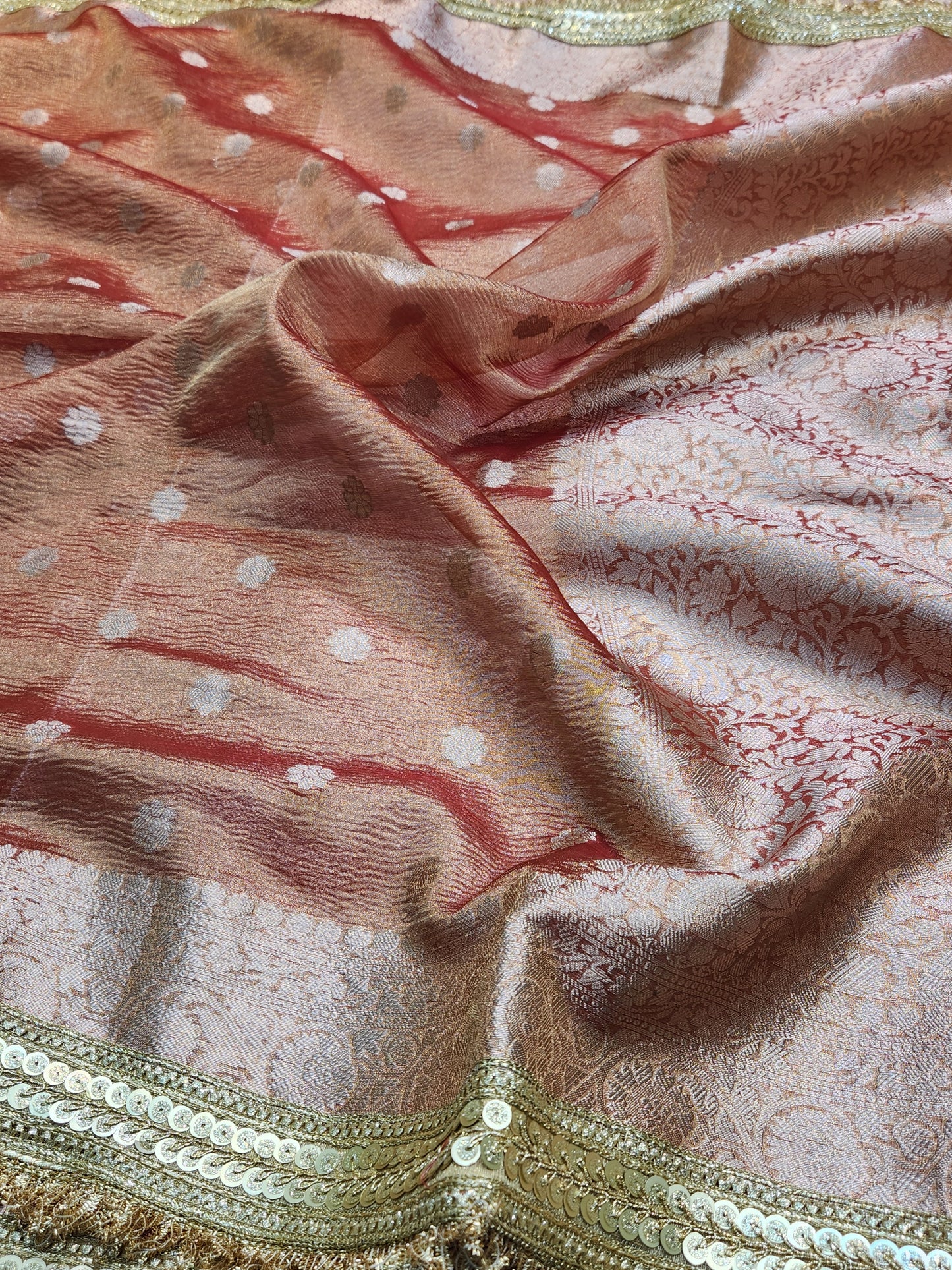 Maharani Collection Red Crushed Tissue silk saree