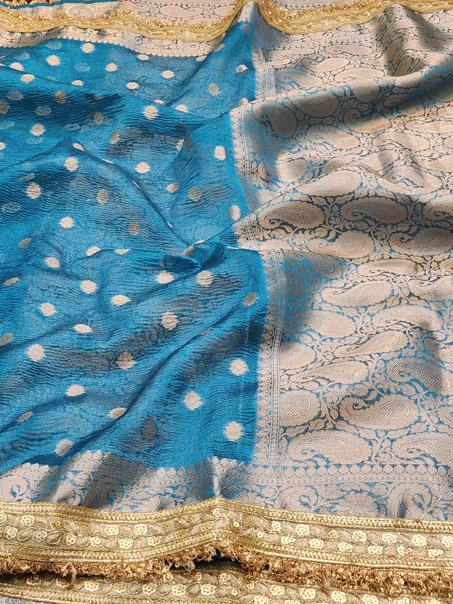 Maharani Collection Blue Crushed Tissue silk saree
