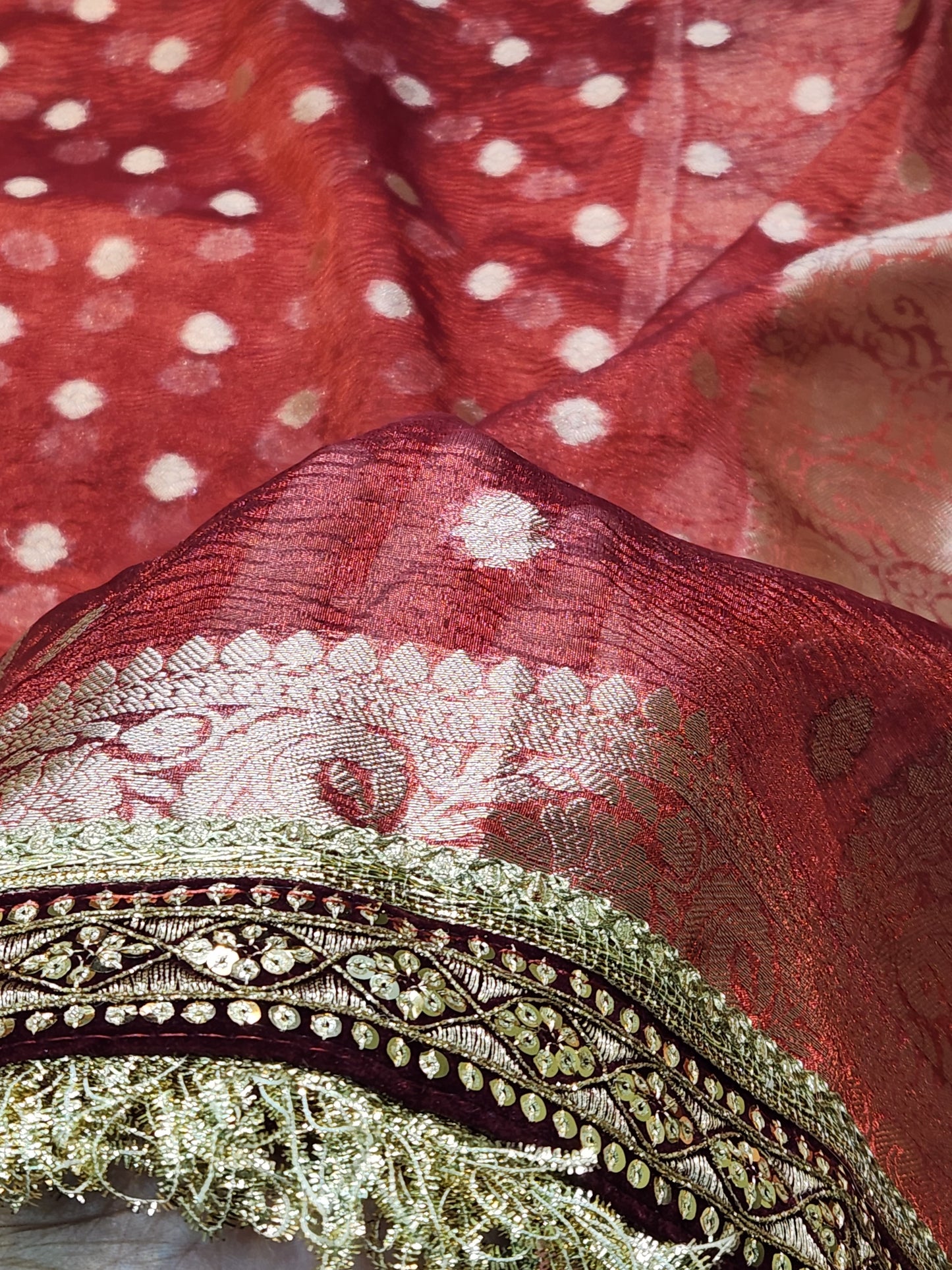 Maharani Collection Crushed Tissue silk Maroon saree