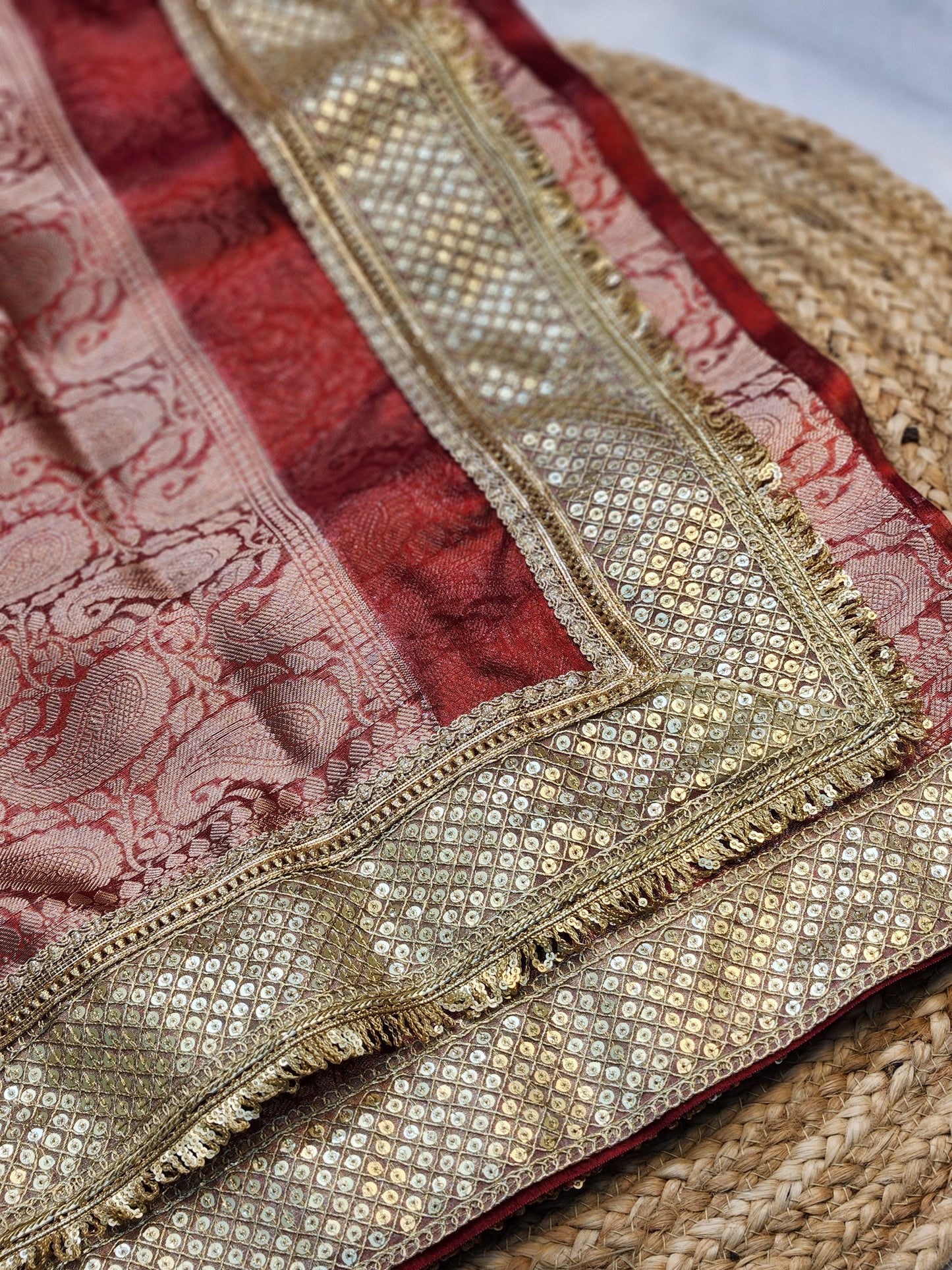 Maharani Collection Red Crushed Tissue silk saree