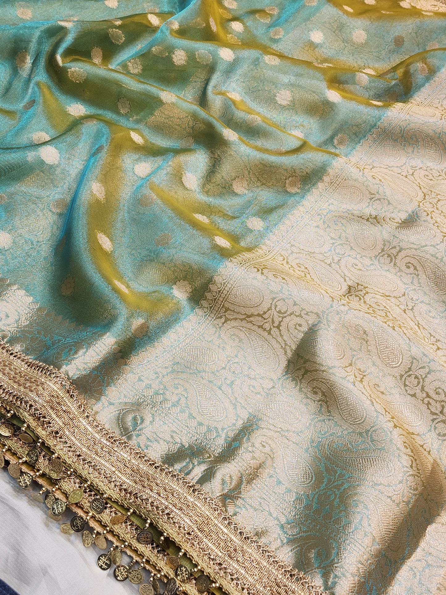 Maharani Collection Tissue silk Dhoop chao saree With Coin Laces