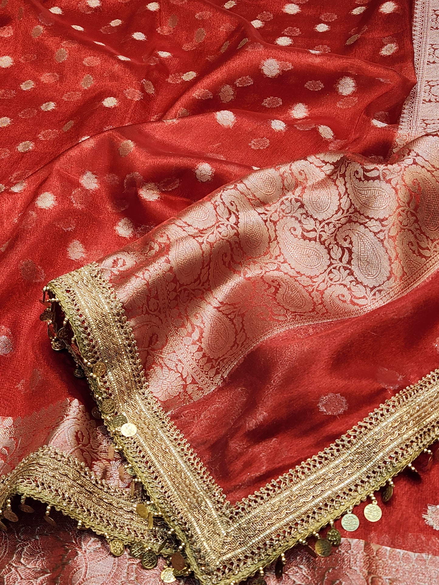 Maharani Collection Tissue silk Red saree With Coin Laces