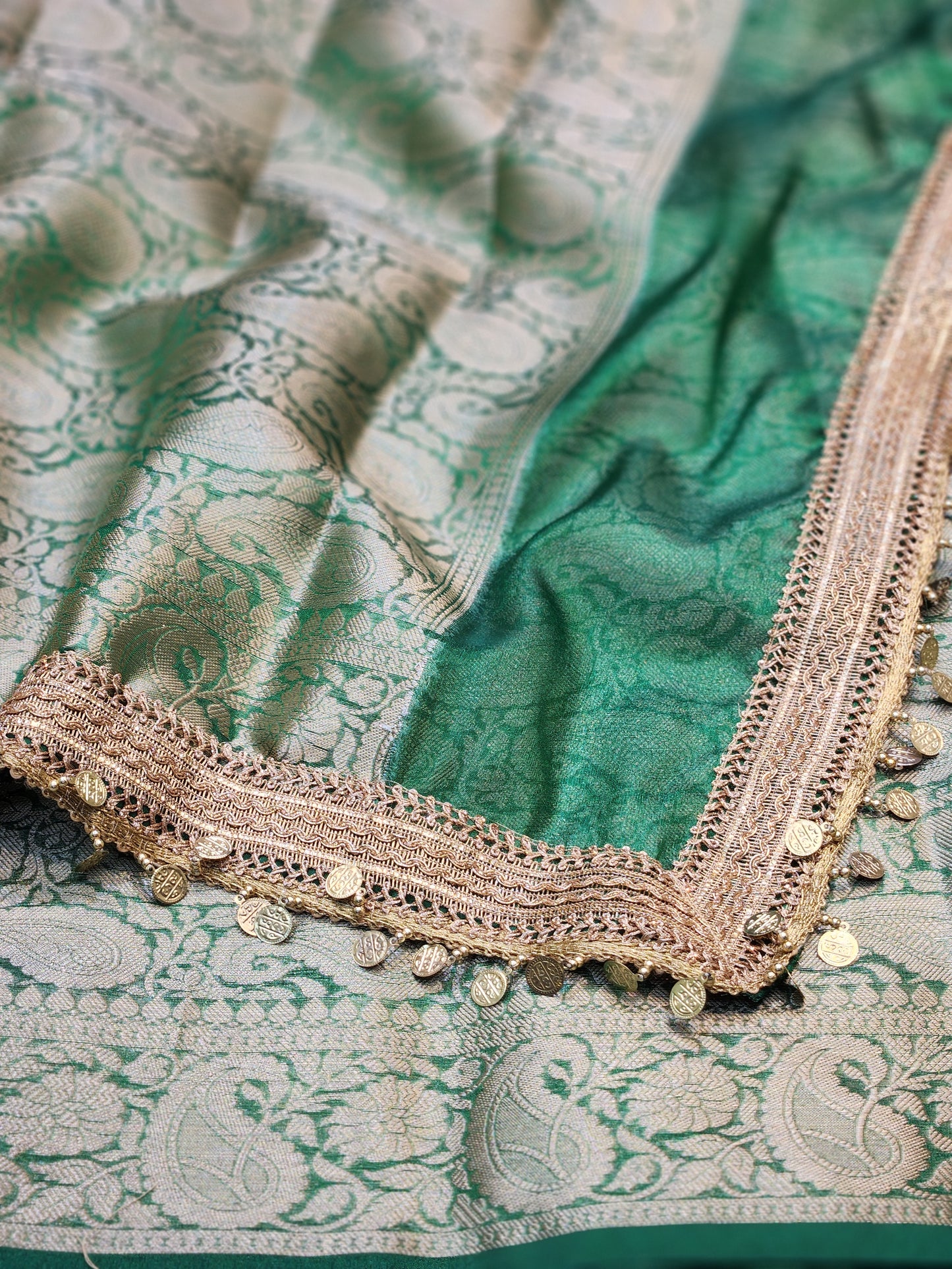 Maharani Collection Tissue silk Green saree With Coin Laces
