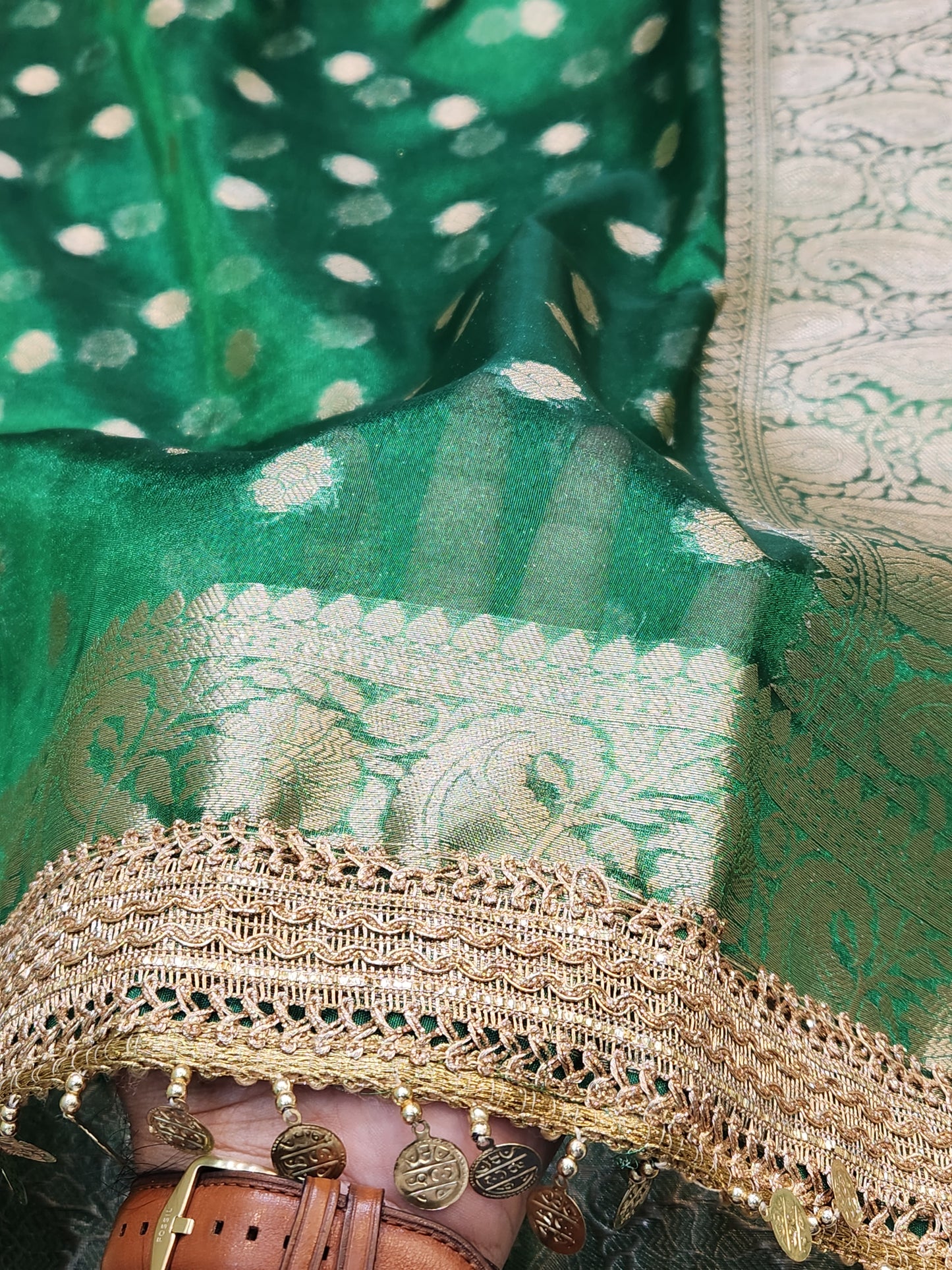Maharani Collection Tissue silk Green saree With Coin Laces