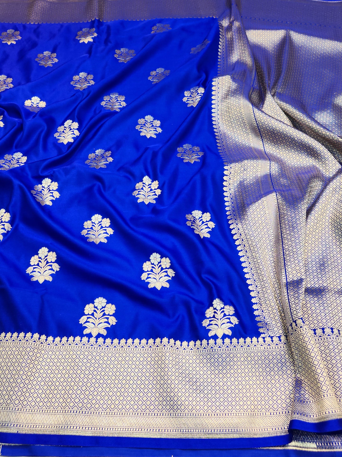 Royal Blue Mashru Silk Banarasi Saree With Alfi Boota Pattern
