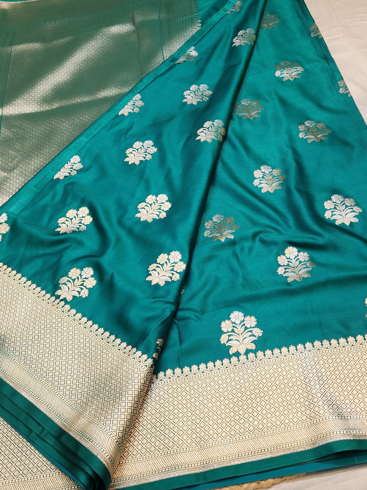 Aqua Blue Mashru Silk Banarasi Saree With Alfi Boota Pattern