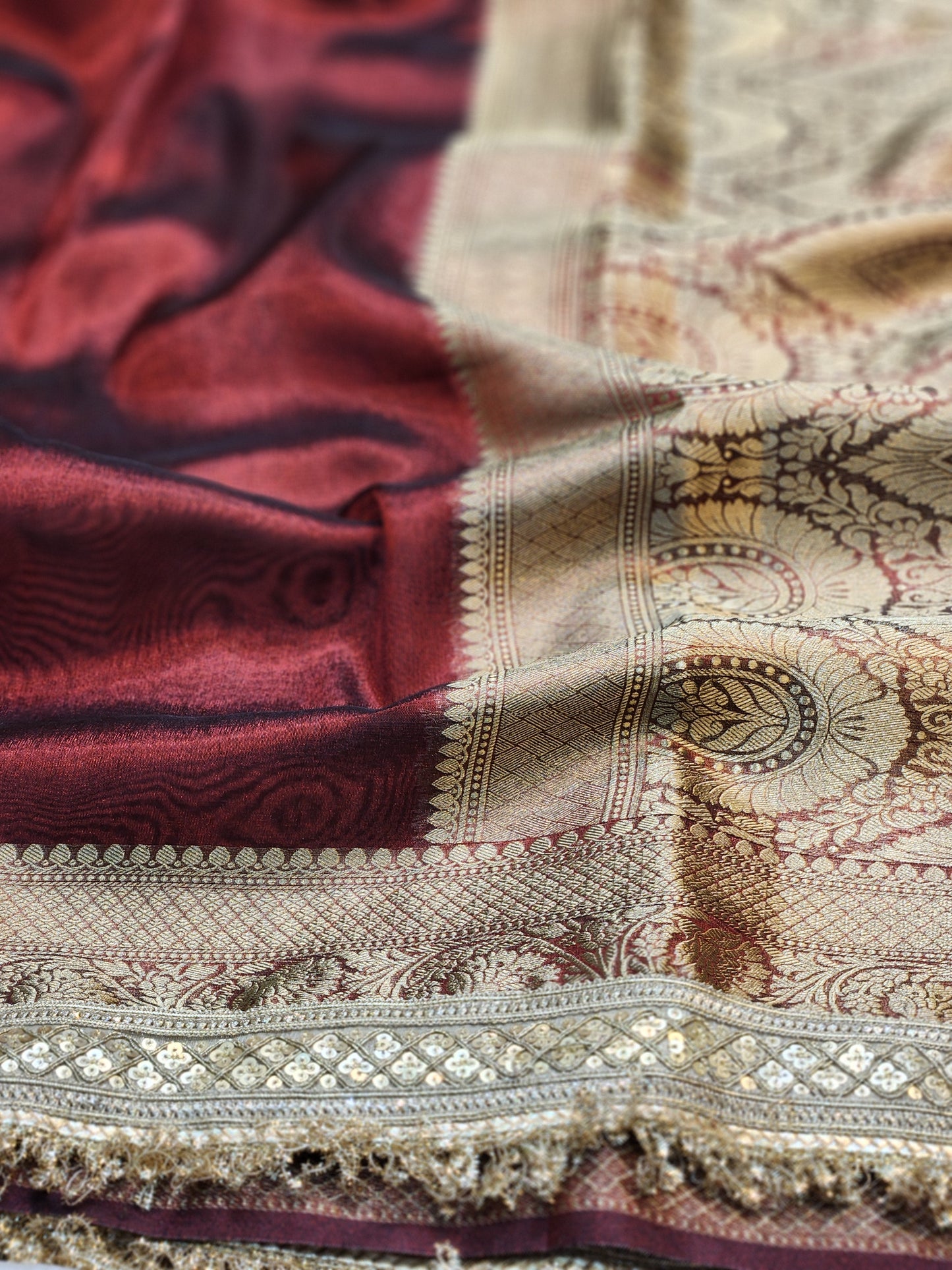 Maharani Collection Dark Maroon Tissue silk saree