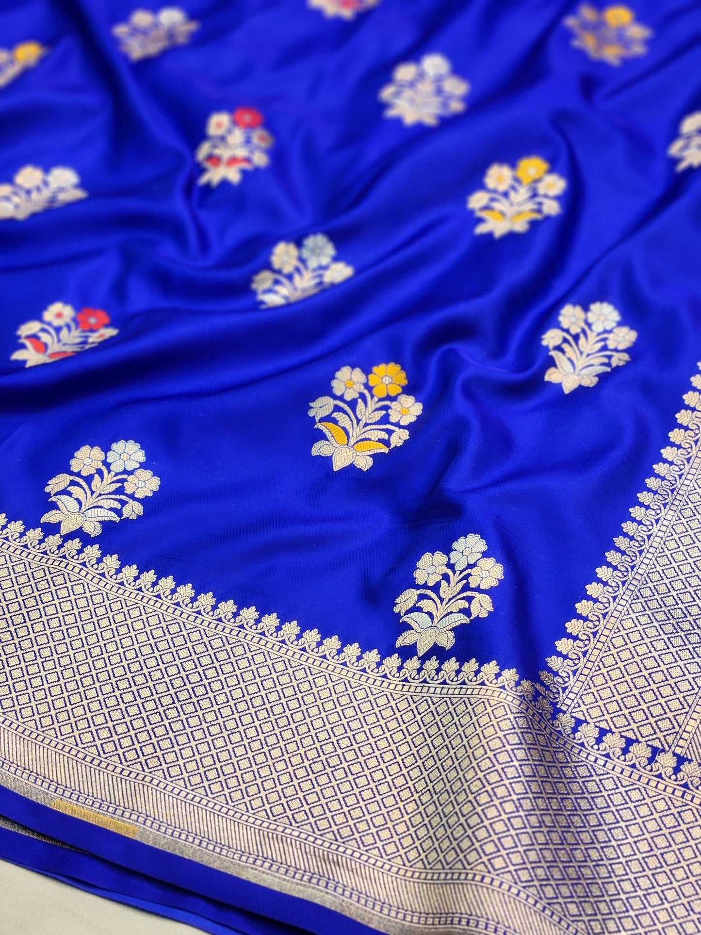 Royal Blue Mashru Silk Banarasi Saree With Alfi Boota Pattern