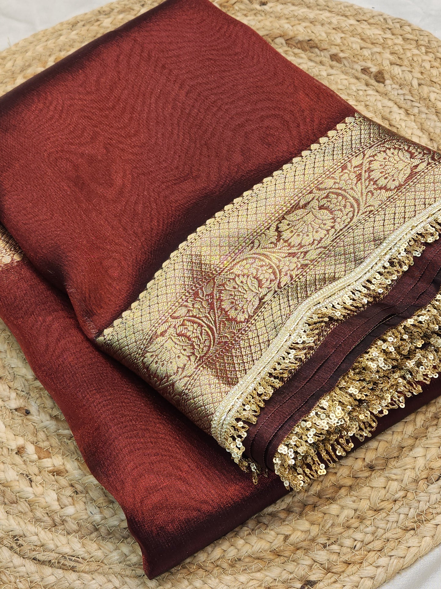 Maharani Collection Dark Maroon Tissue silk saree