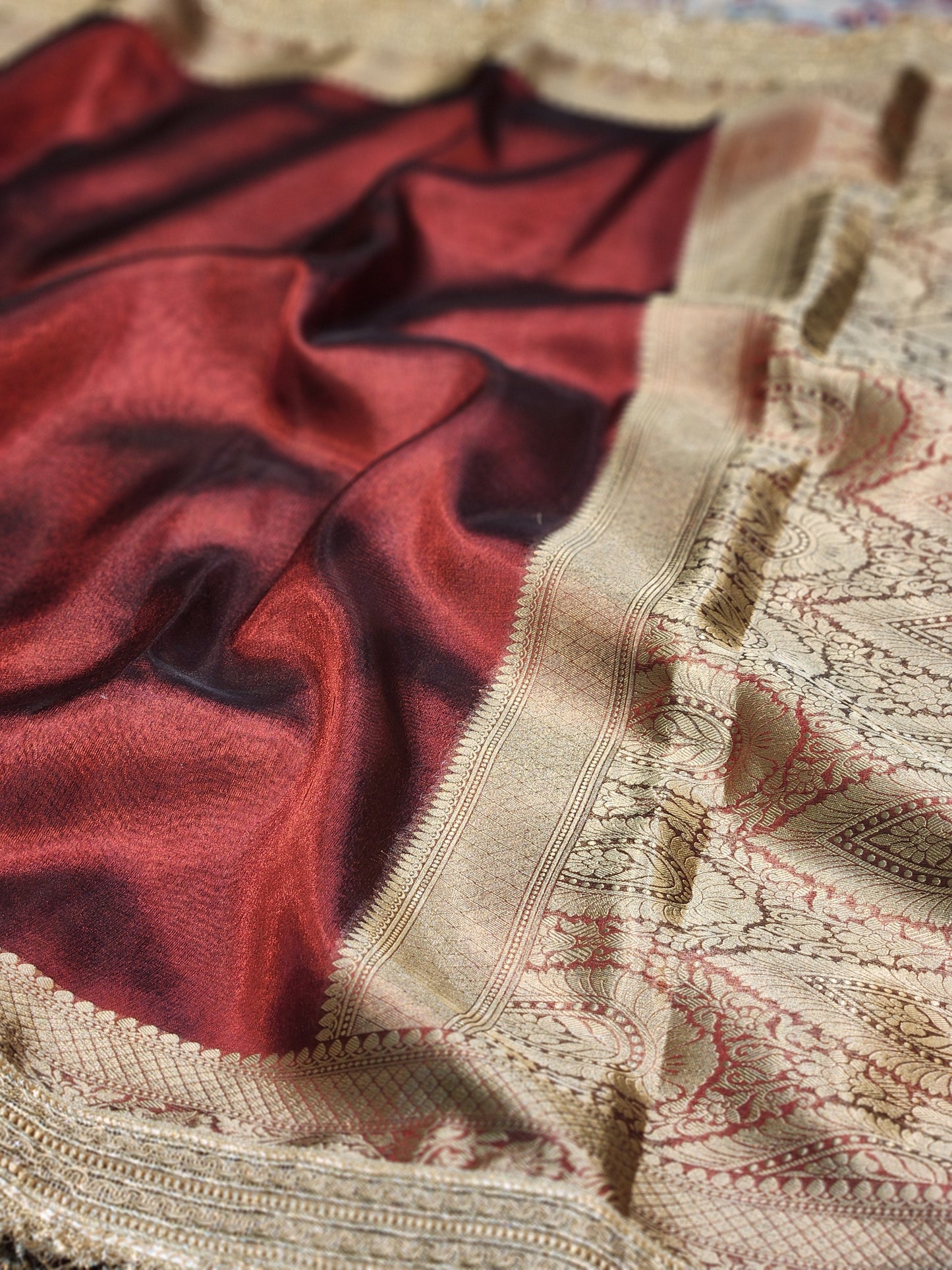 Maharani Collection Dark Maroon Tissue silk saree