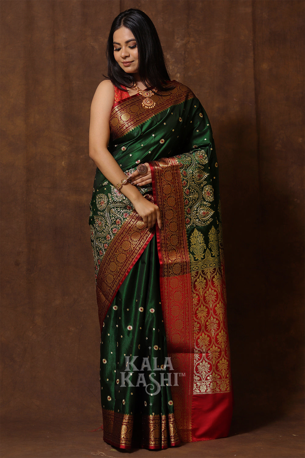 Dark Green Hand Woven Banarasi Satin Silk Saree