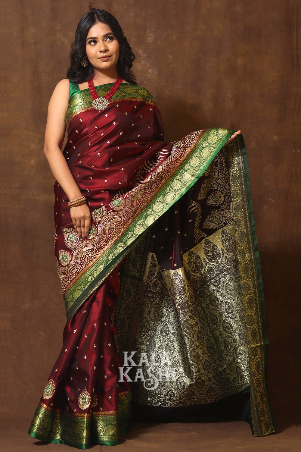 Dark Red Hand Woven Banarasi Satin Silk Saree