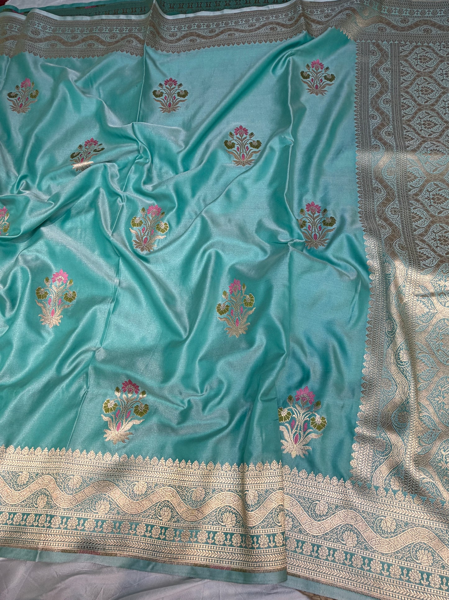 Sea Green Mashru Silk Banarasi Saree With Meena bootas