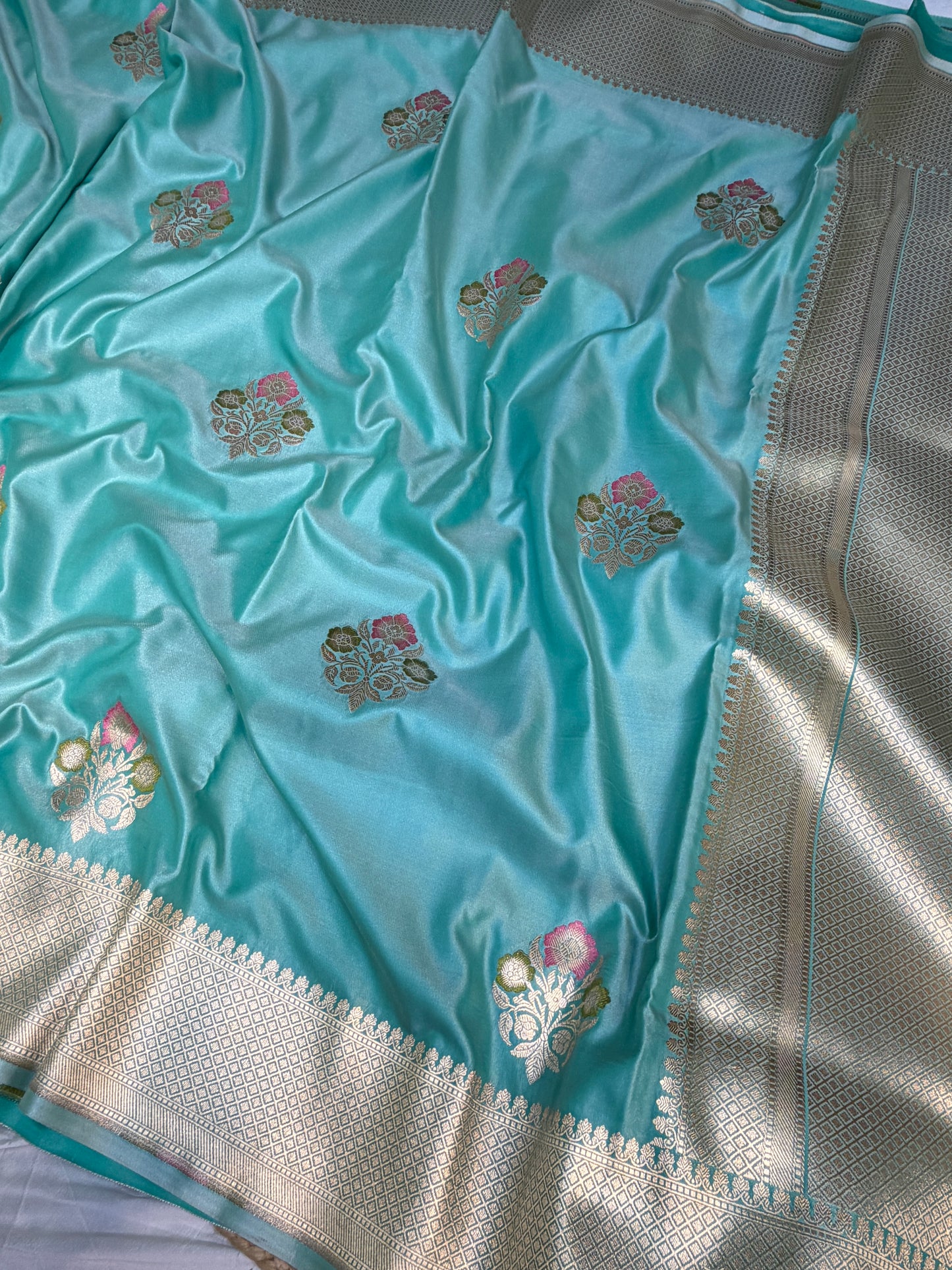 Sea Green Mashru Silk Banarasi Saree With Meena bootas