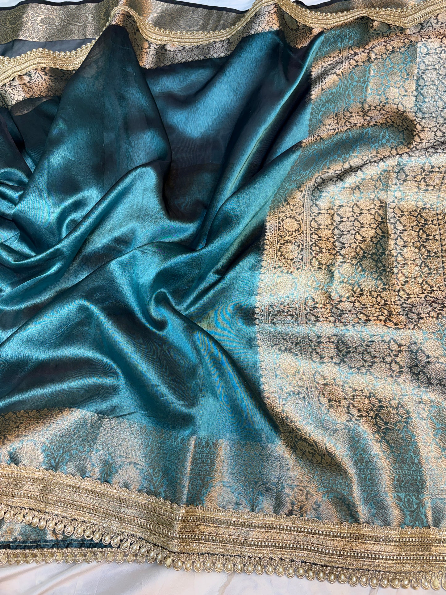 Metallic Blue tissue silk saree with intricate lace work