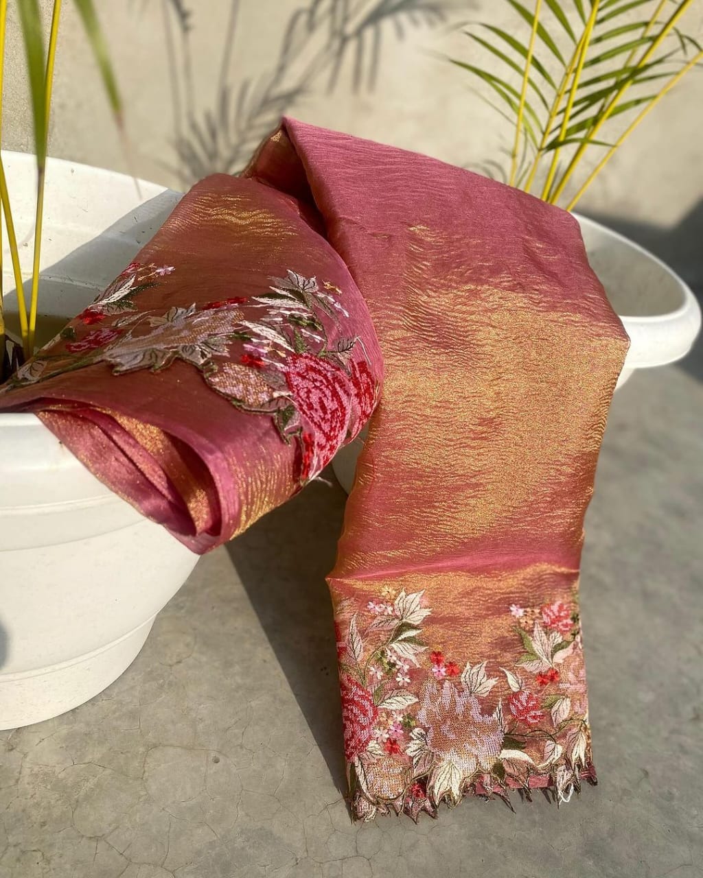 Maharani Collection Pink Embroidery Crushed Tissue Silk Saree