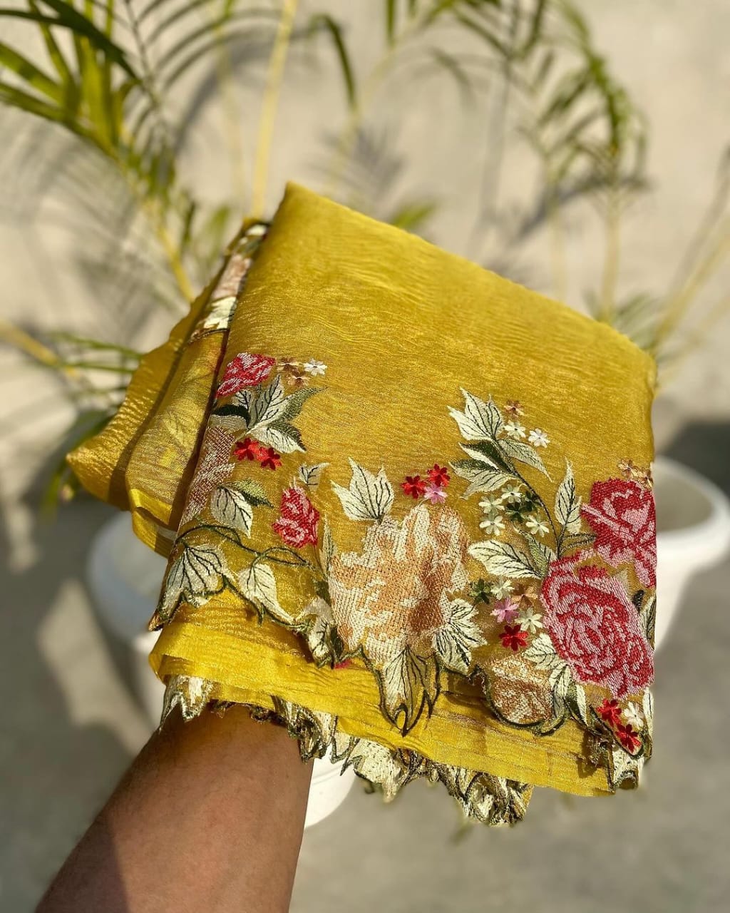 Maharani Collection Gold Embroidery Crushed Tissue silk saree