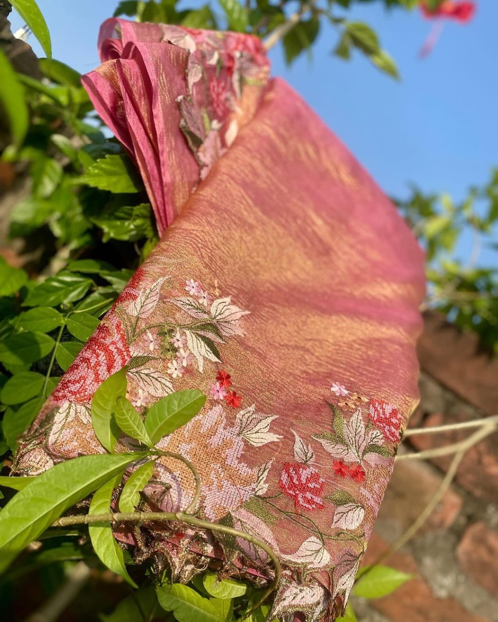 Maharani Collection Pink Embroidery Crushed Tissue Silk Saree