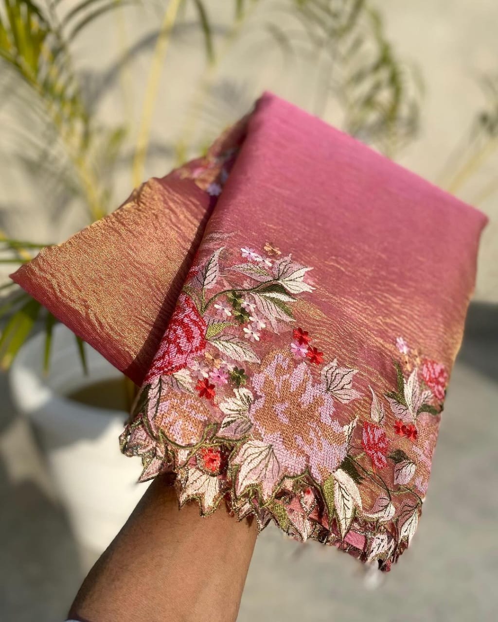 Maharani Collection Pink Embroidery Crushed Tissue Silk Saree