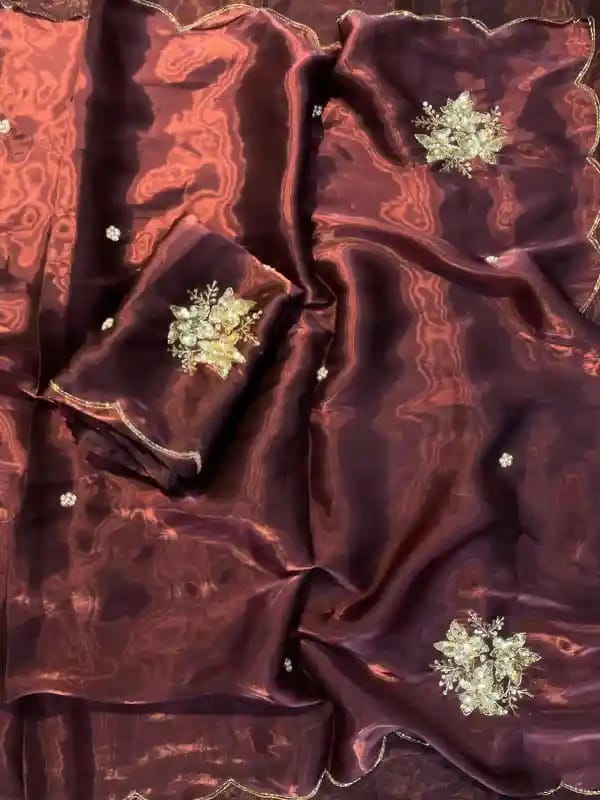 Wine Satin Shimmery Tissue Silk Saree with Real Handwork