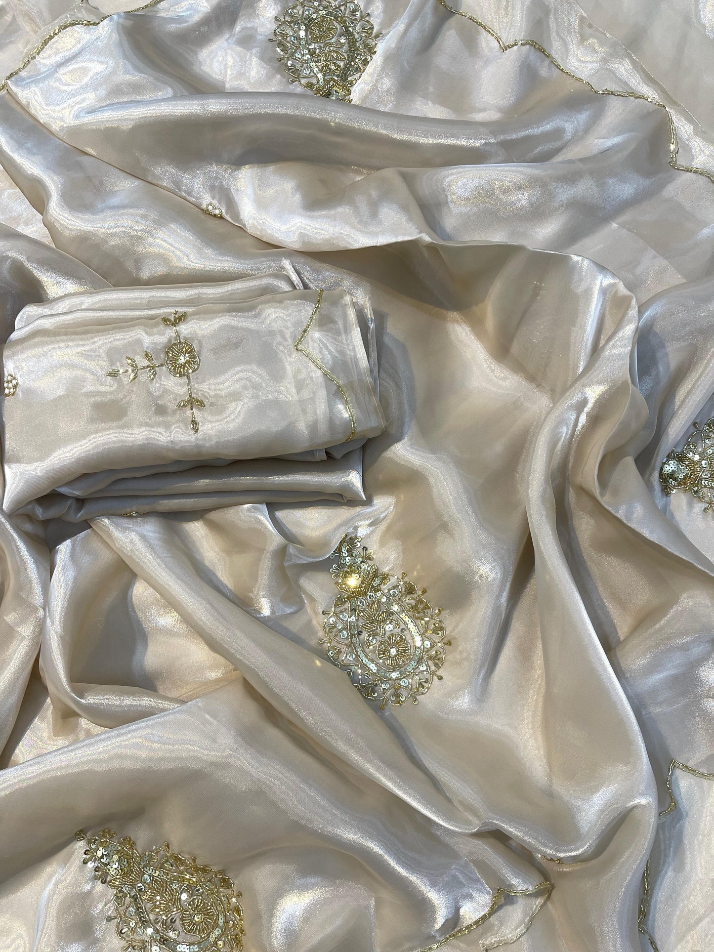 Ivory Shimmery Tissue Handwork Saree