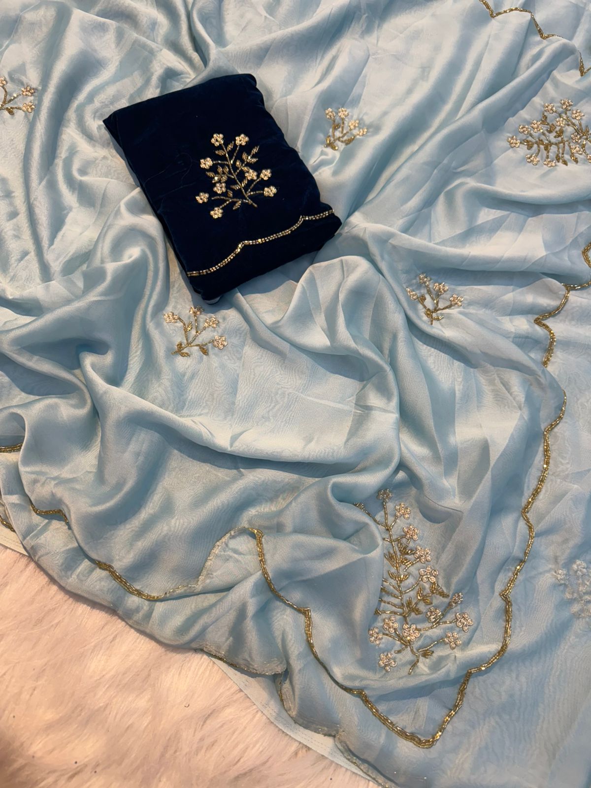 Light Blue Soft Crepe Silk Cutdana Moti and Zardosi Work Saree