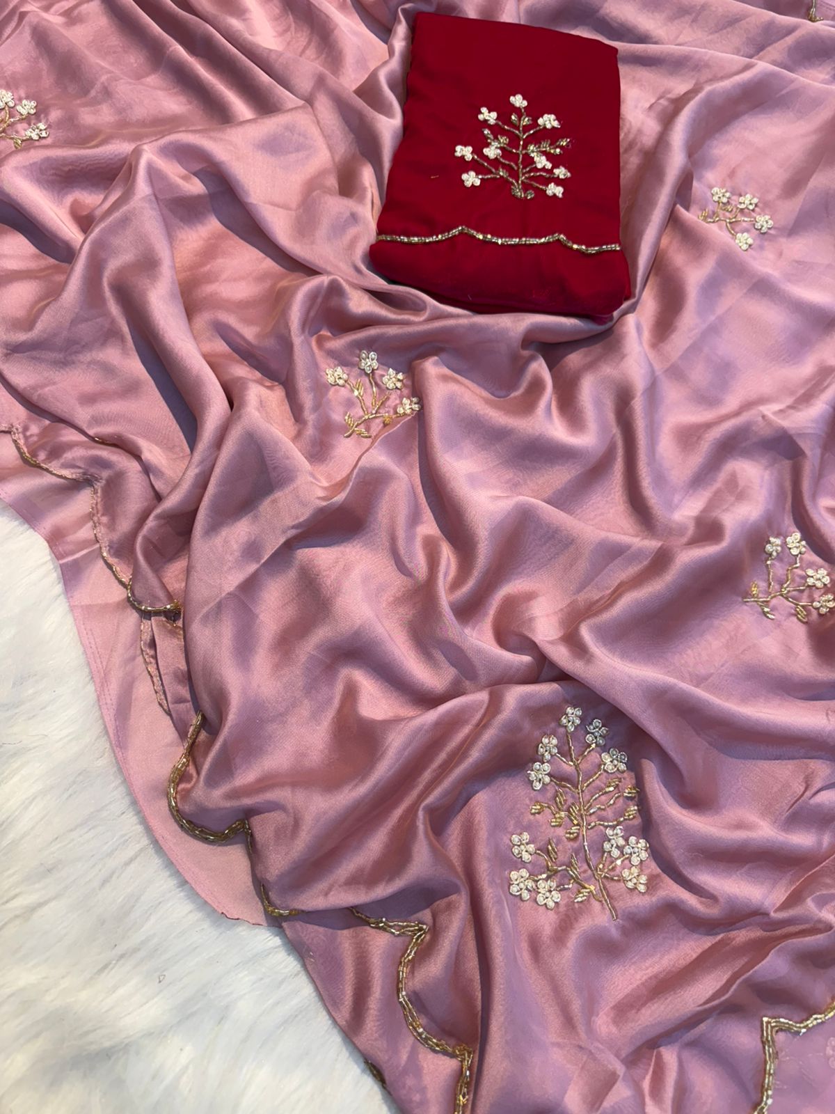 Mauve Peach Soft Crepe Silk Cutdana Moti and Zardosi Work Saree