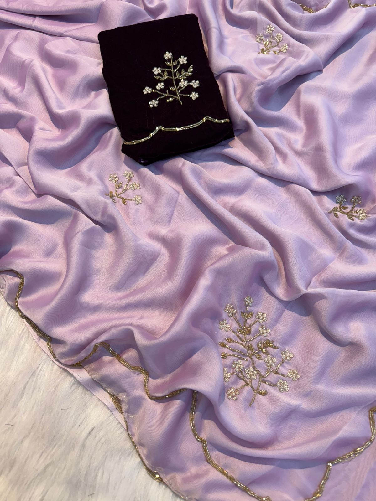 Lavender Soft Crepe Silk Cutdana Moti and Zardosi Work Saree