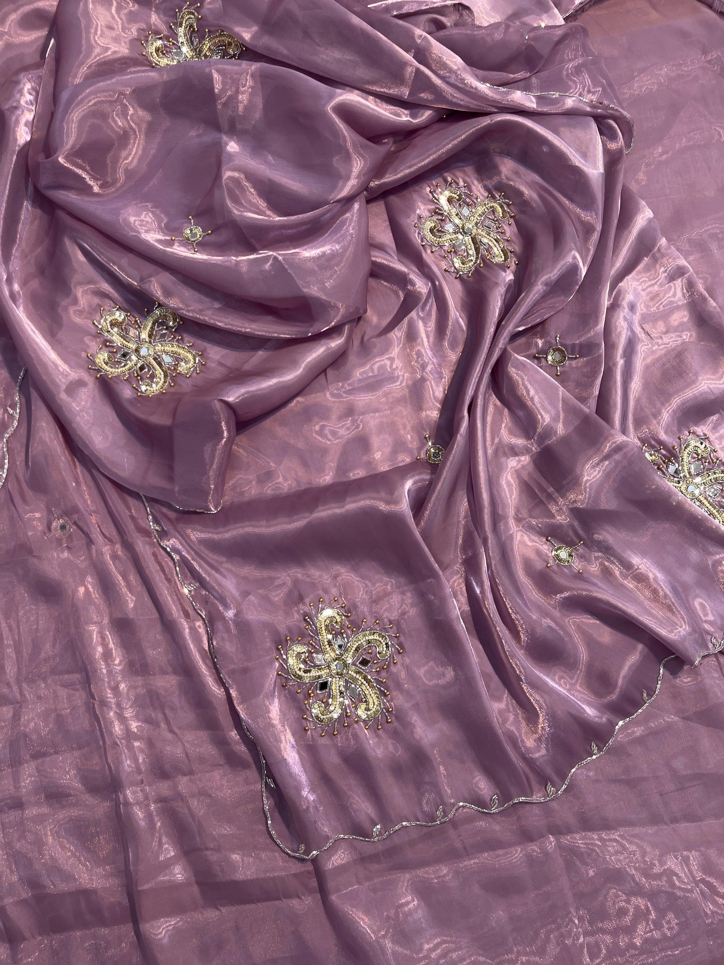 Subtle Lavender Satin Shimmery Tissue Silk Saree with Real Handwork