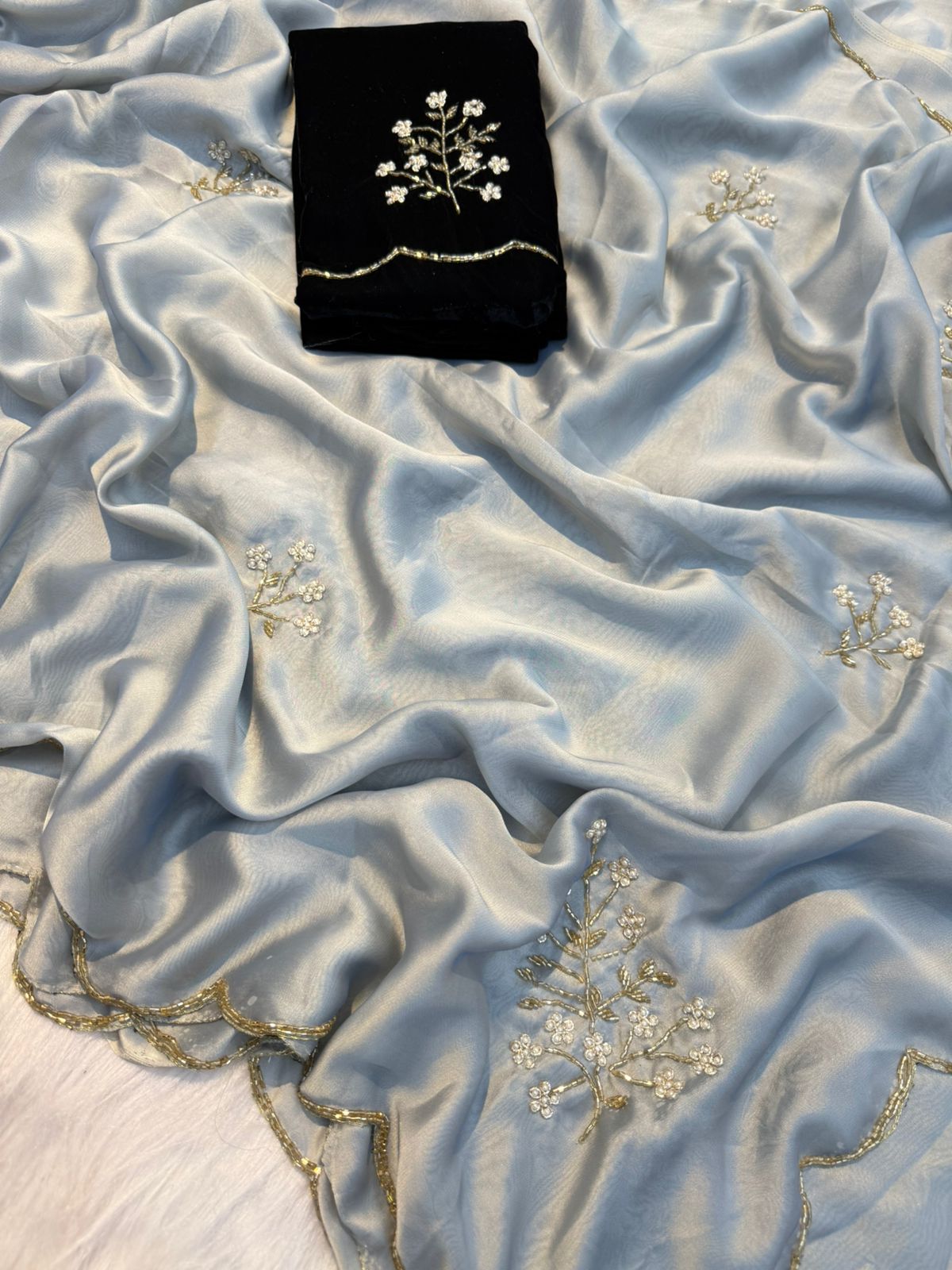 Light Grey Soft Crepe Silk Cutdana Moti and Zardosi Work Saree