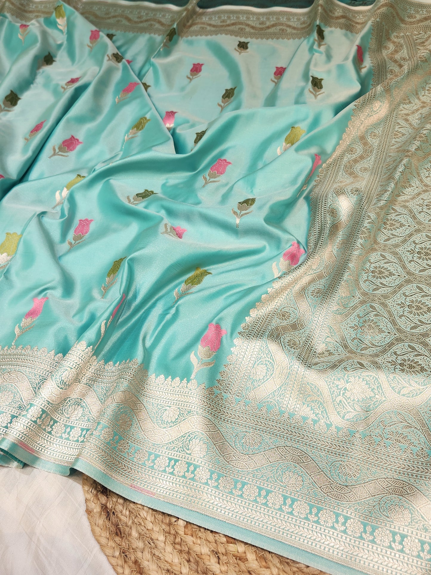 Sea Green Mashru Silk Banarasi Saree With Meena bootas