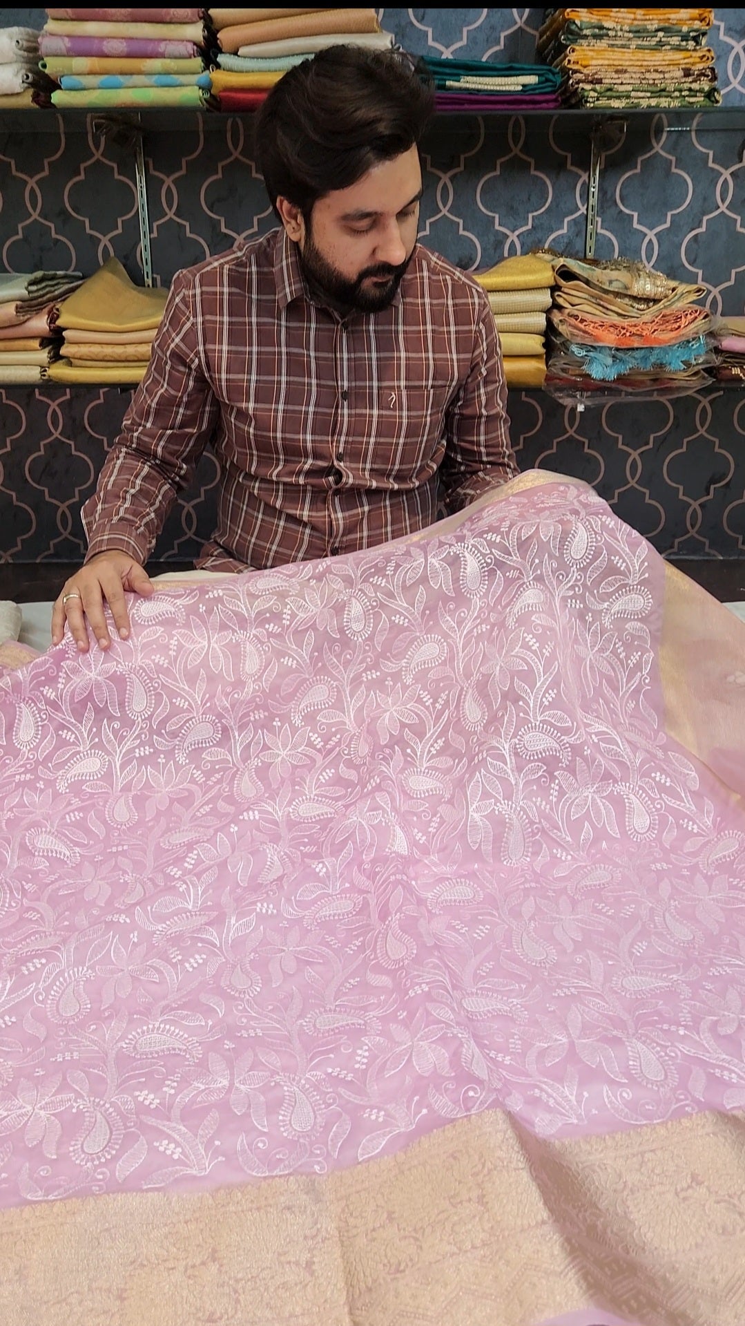 Baby Pink Premium Chikankari Work Banarasi Saree