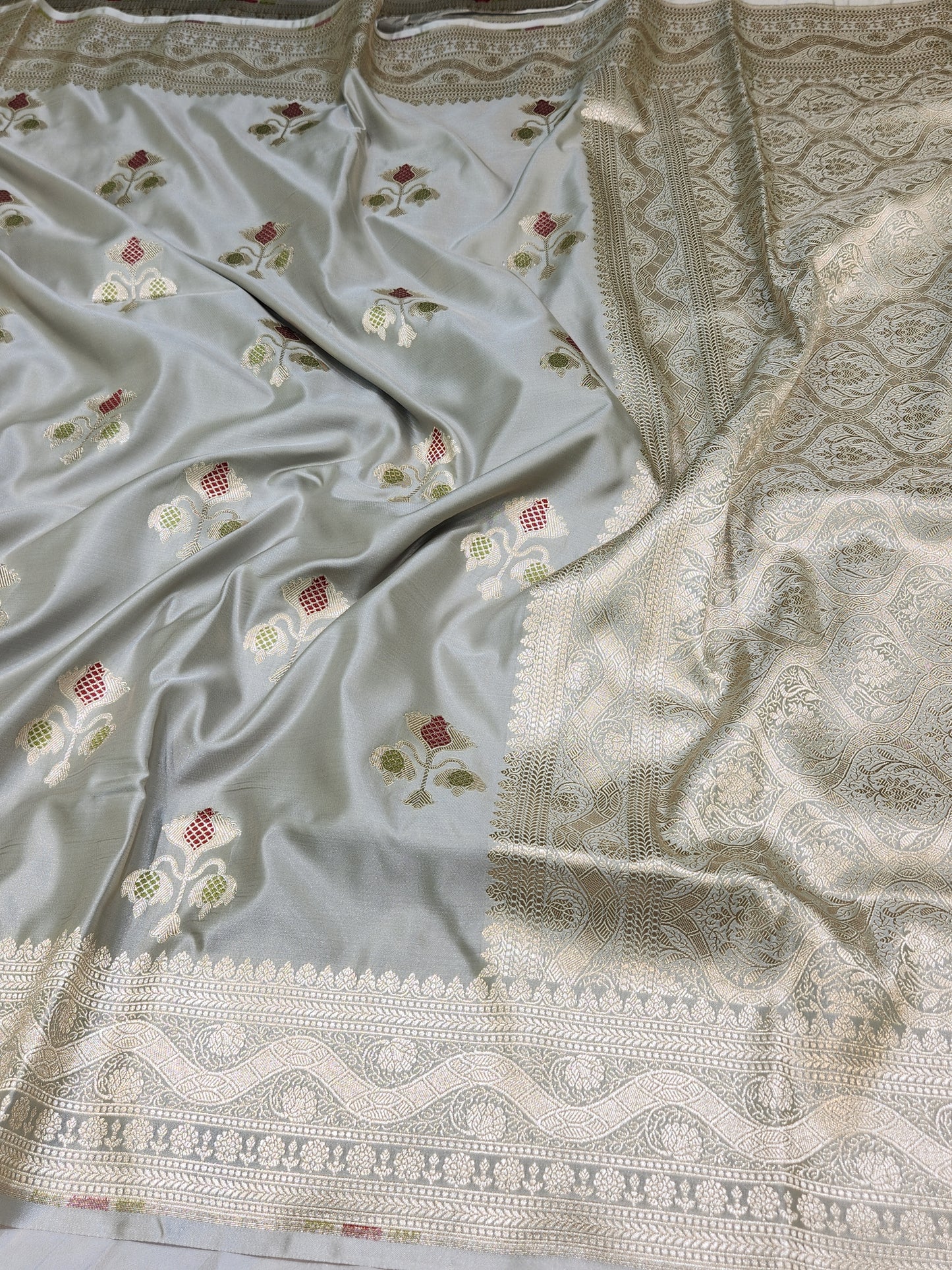Ash Grey Banarasi Mashru Silk Banarasi Saree With Meena bootas