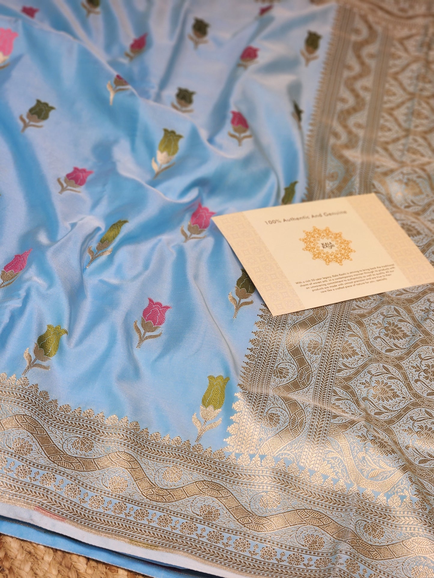 Powder Blue Mashru Silk Banarasi Saree With Meena bootas