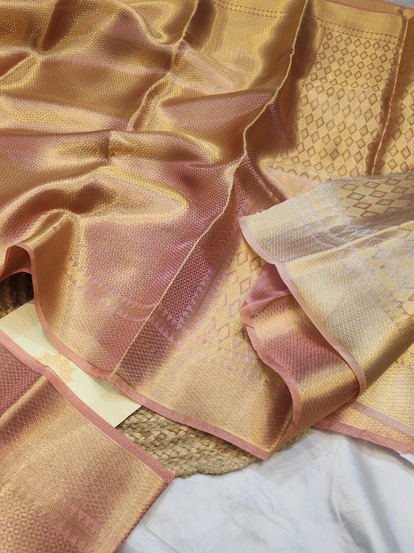 TISSUE SILK ROSE GOLD BROCADE SAREE