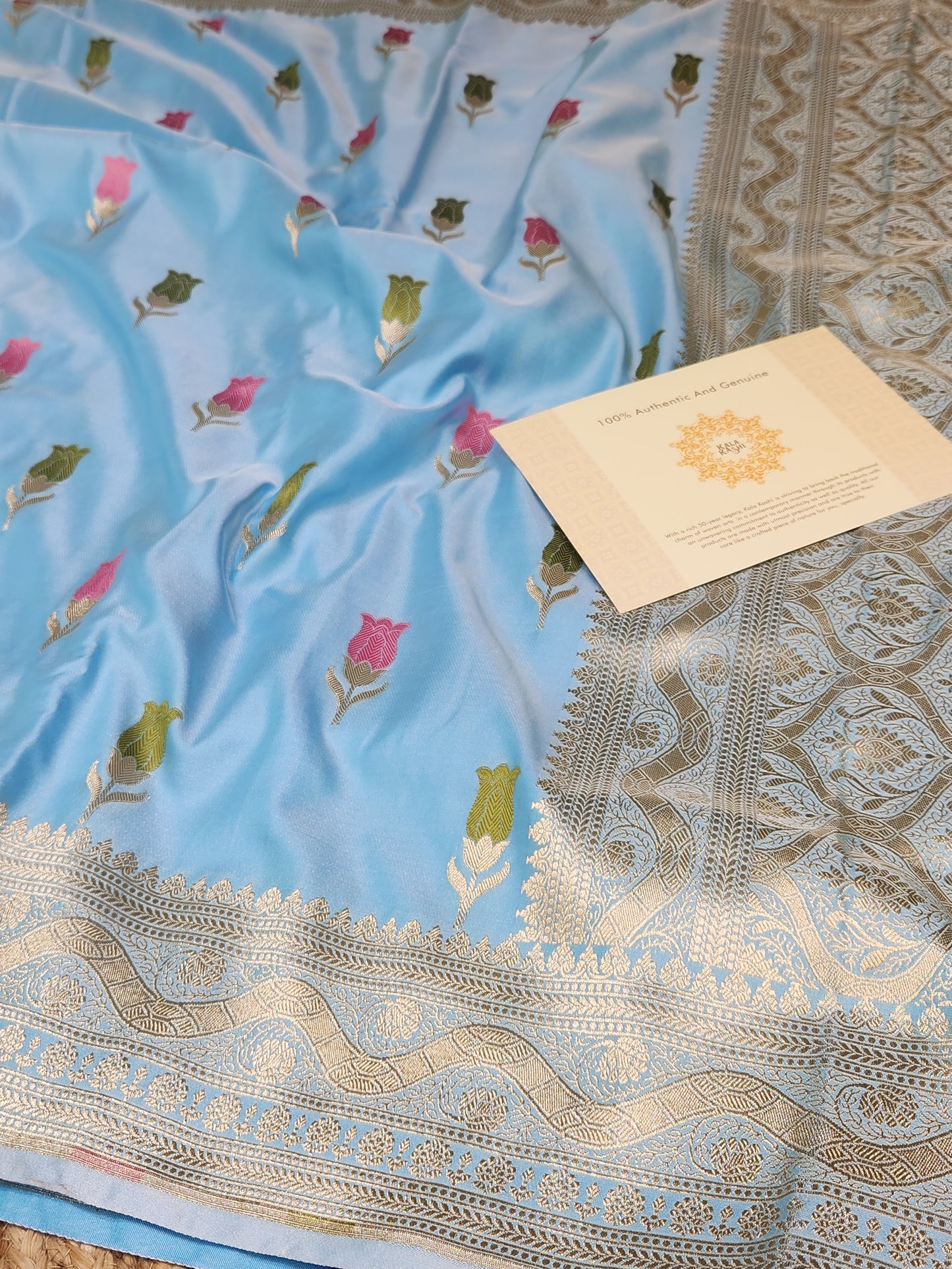Powder Blue Mashru Silk Banarasi Saree With Meena bootas