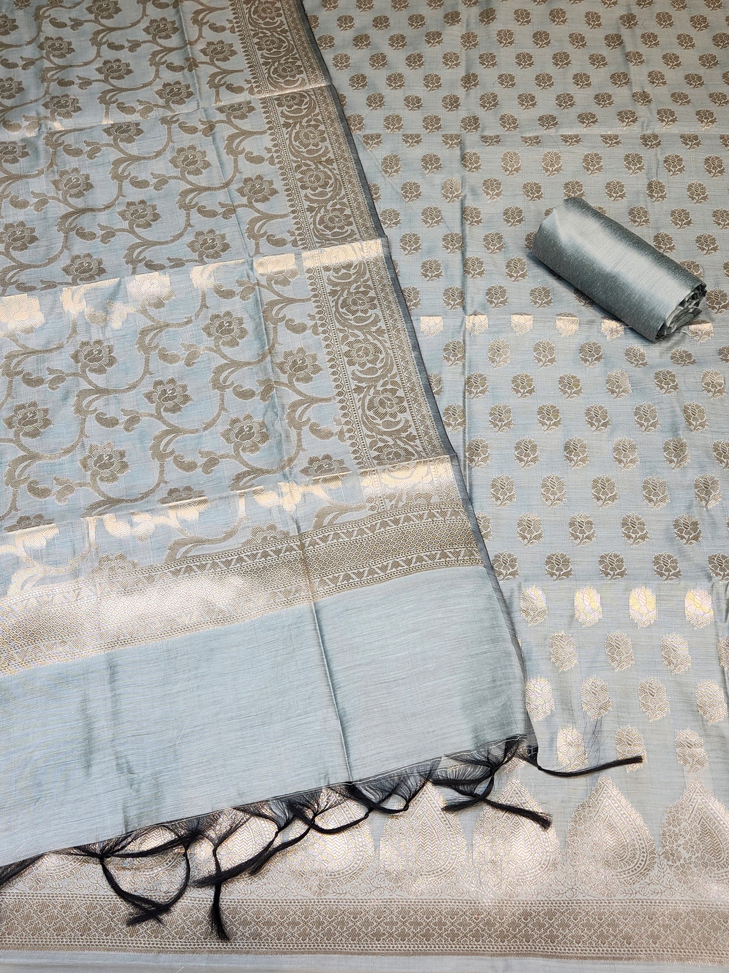 Powdee blue Zari resham silk banarasi suit