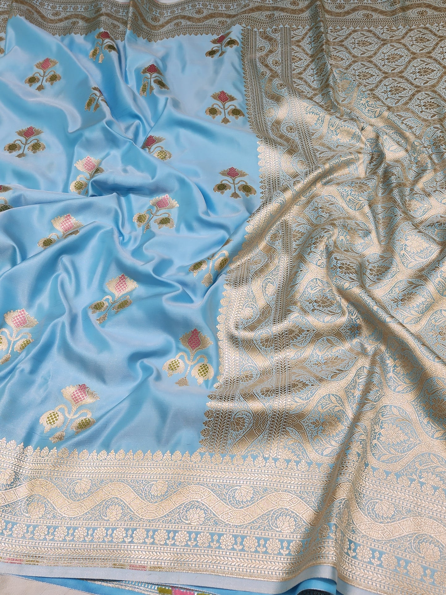 Powder Blue Mashru Silk Banarasi Saree With Meena bootas