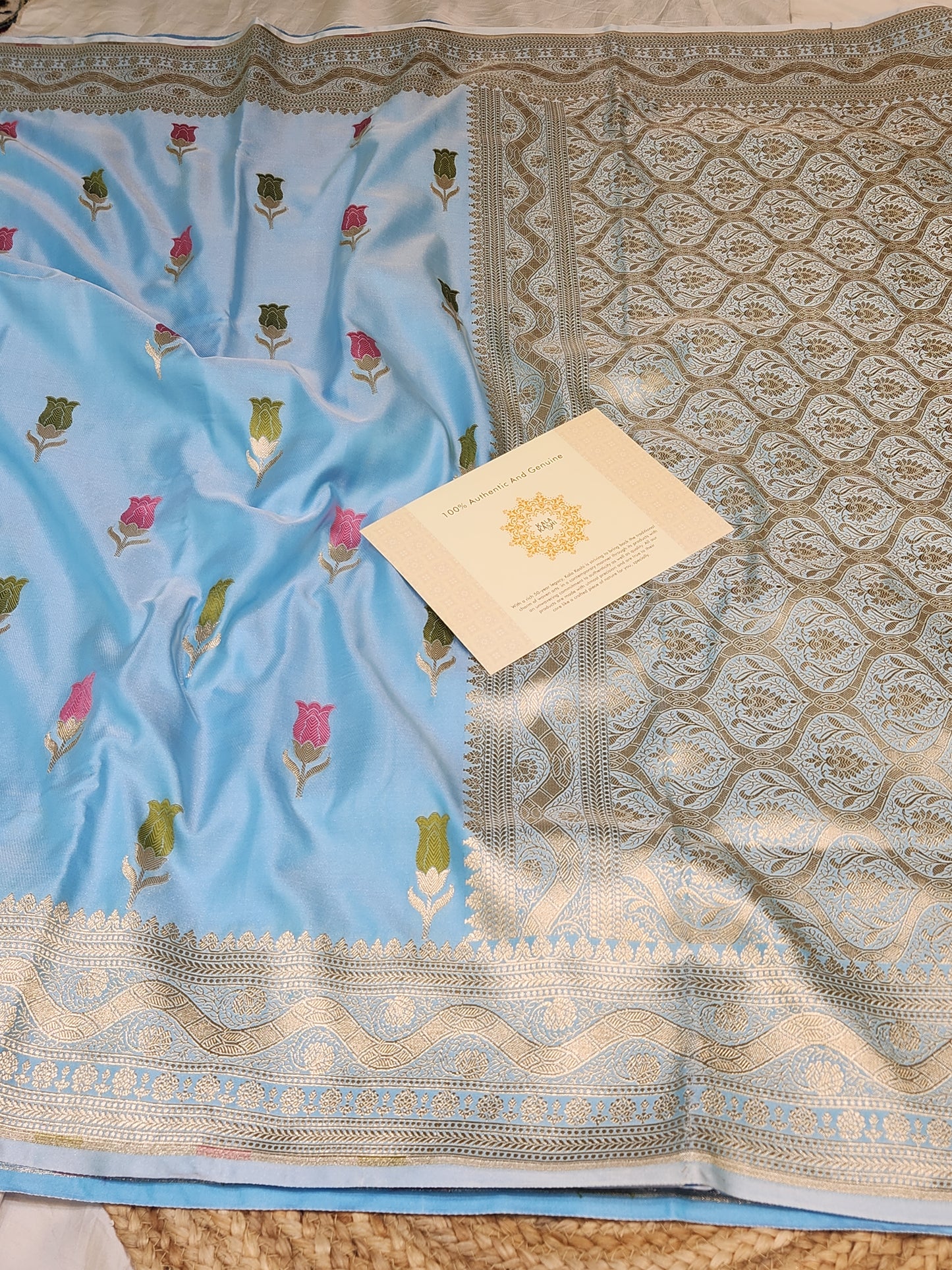 Powder Blue Mashru Silk Banarasi Saree With Meena bootas