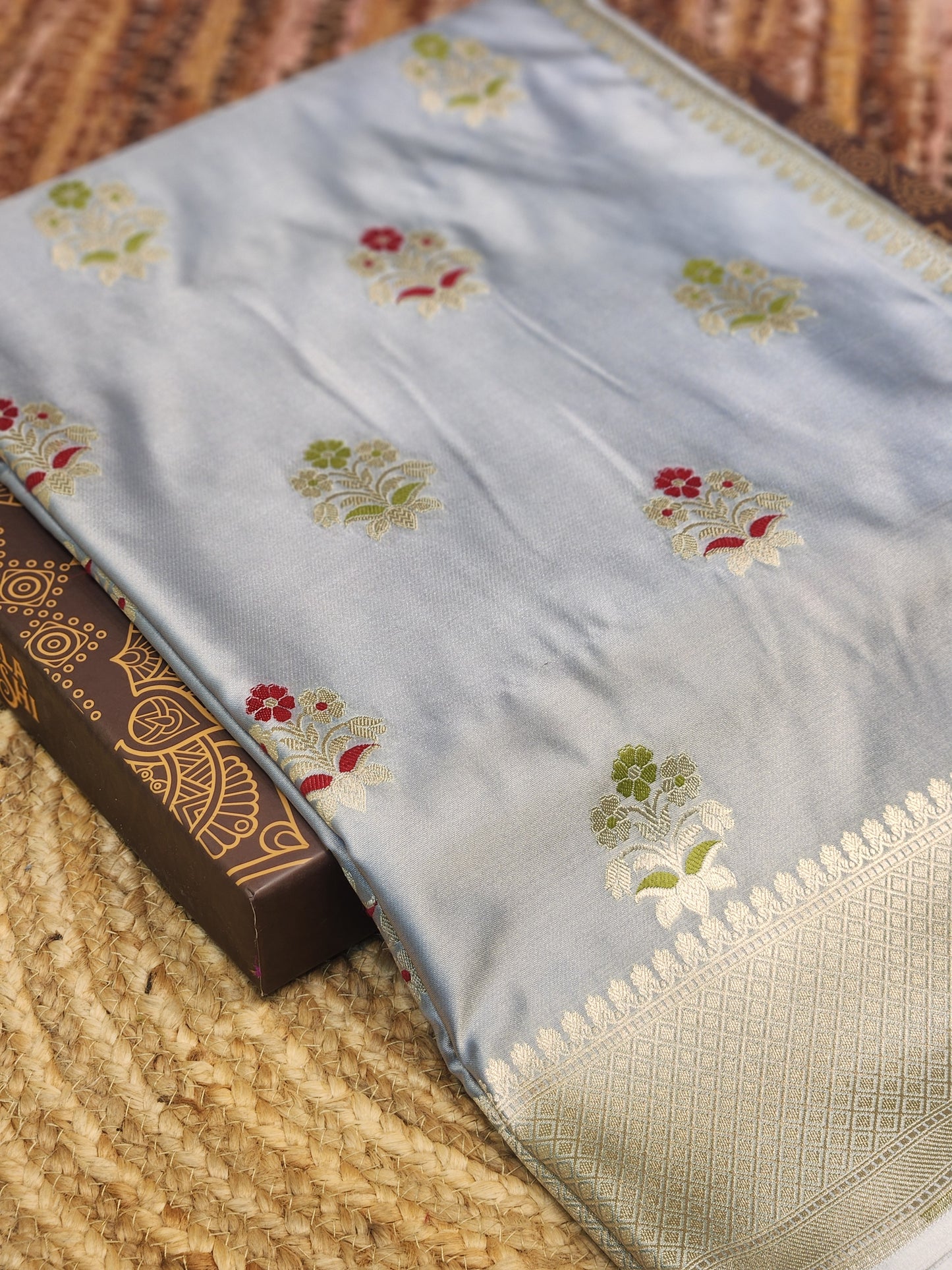 Grey banarasi Mashru Silk Banarasi Saree With Meena bootas