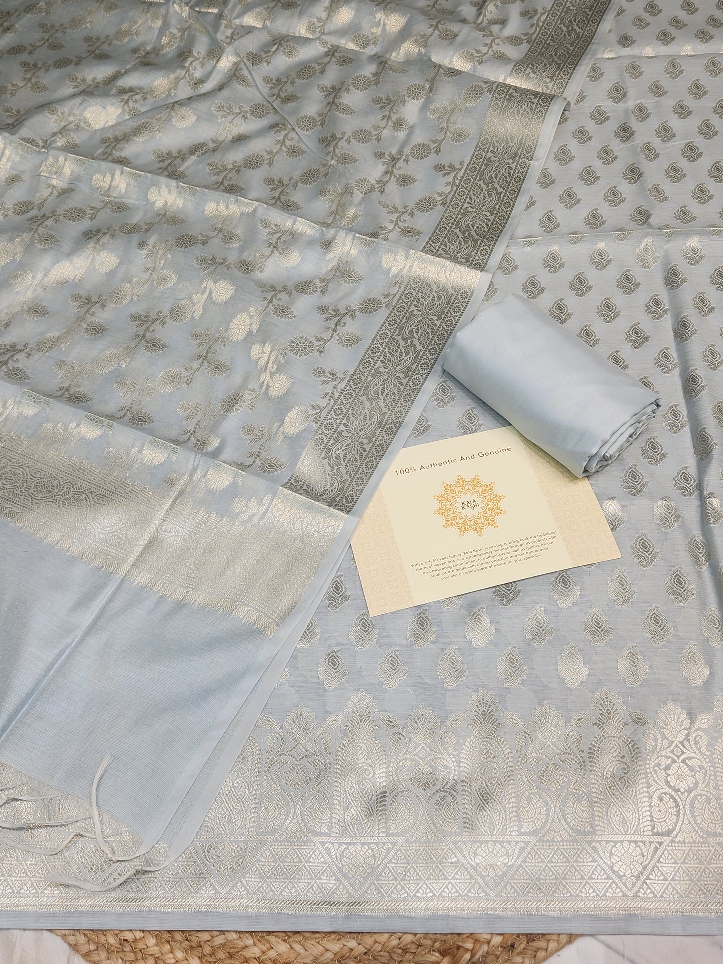 Light Grey zari resham silk banarasi suit