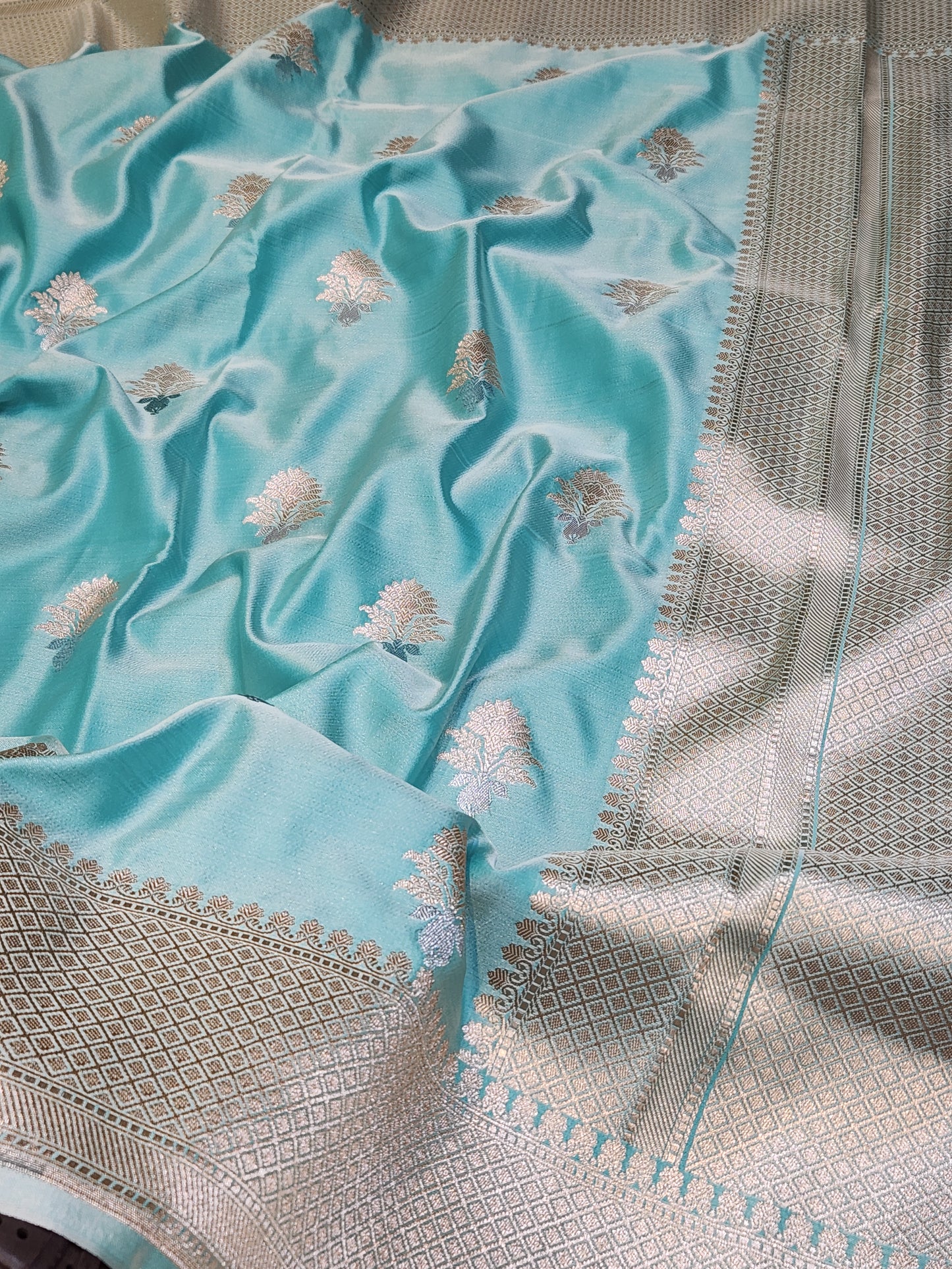 Sea Green Mashru Silk Banarasi Saree With Meena bootas