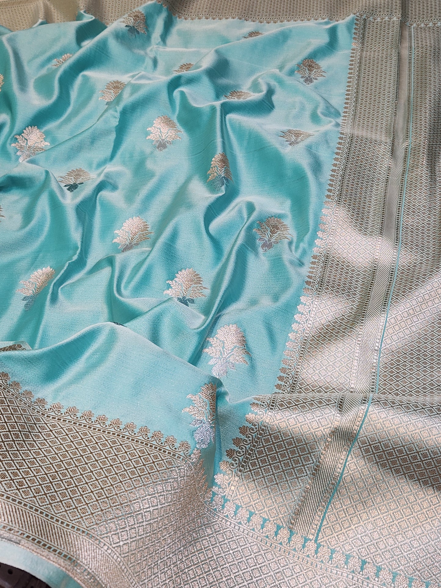 Sea Green Mashru Silk Banarasi Saree With Meena bootas