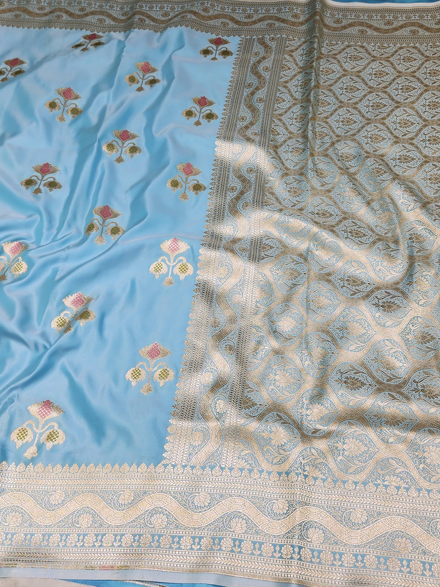 Powder Blue Mashru Silk Banarasi Saree With Meena bootas