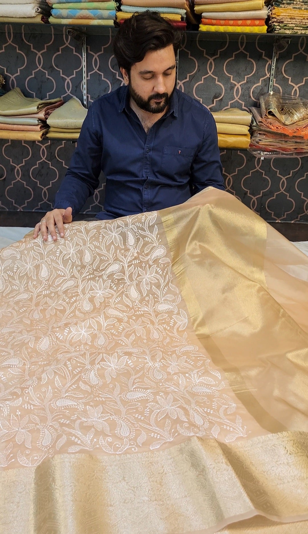 Beige Premium Chikankari Work Banarasi Saree